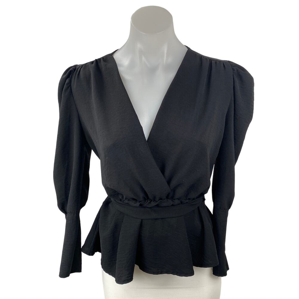 Boohoo Women's Black Long Puff Sleeve V Neck Faux Wrap Peplum Blouse Top Size S